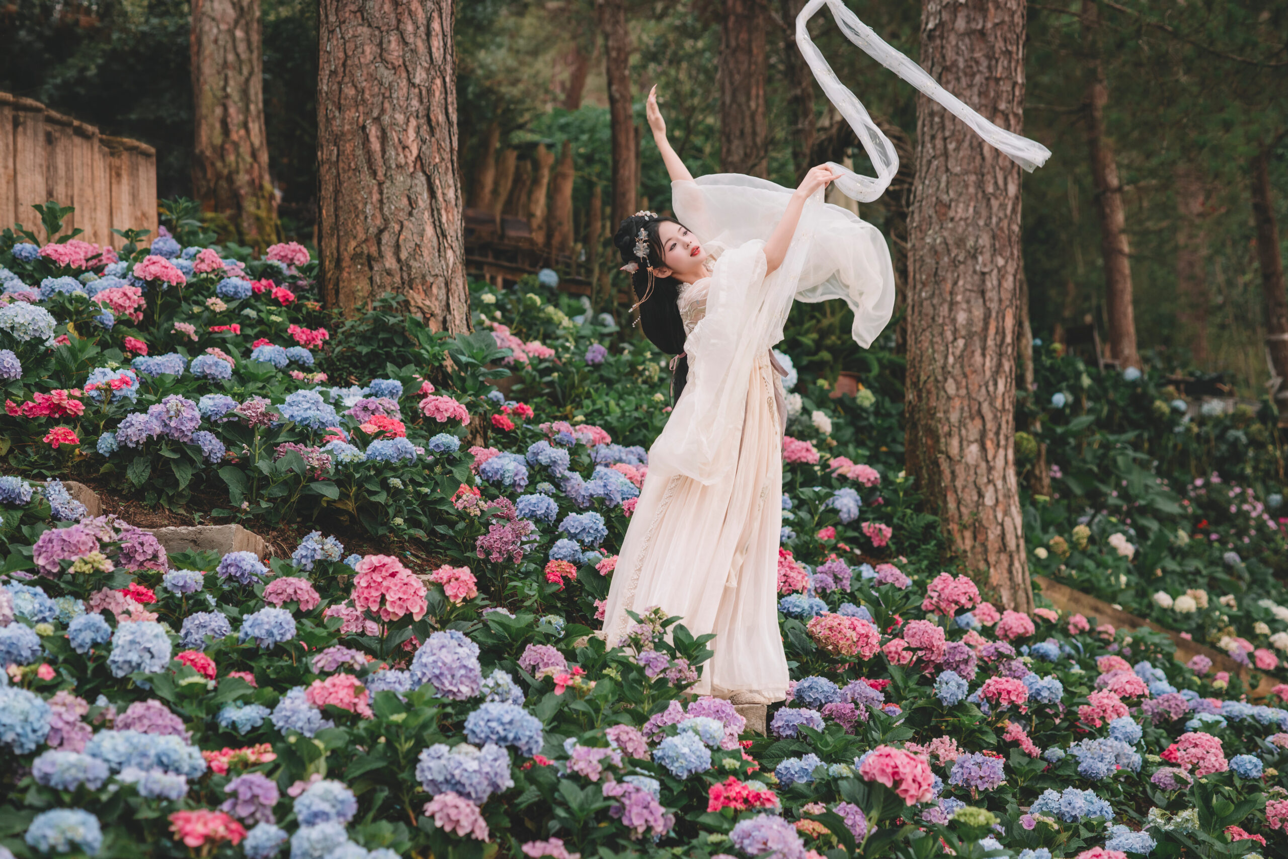 Mỹ nữ Hanfu mơ mộng bên mặt hồ tĩnh lặng